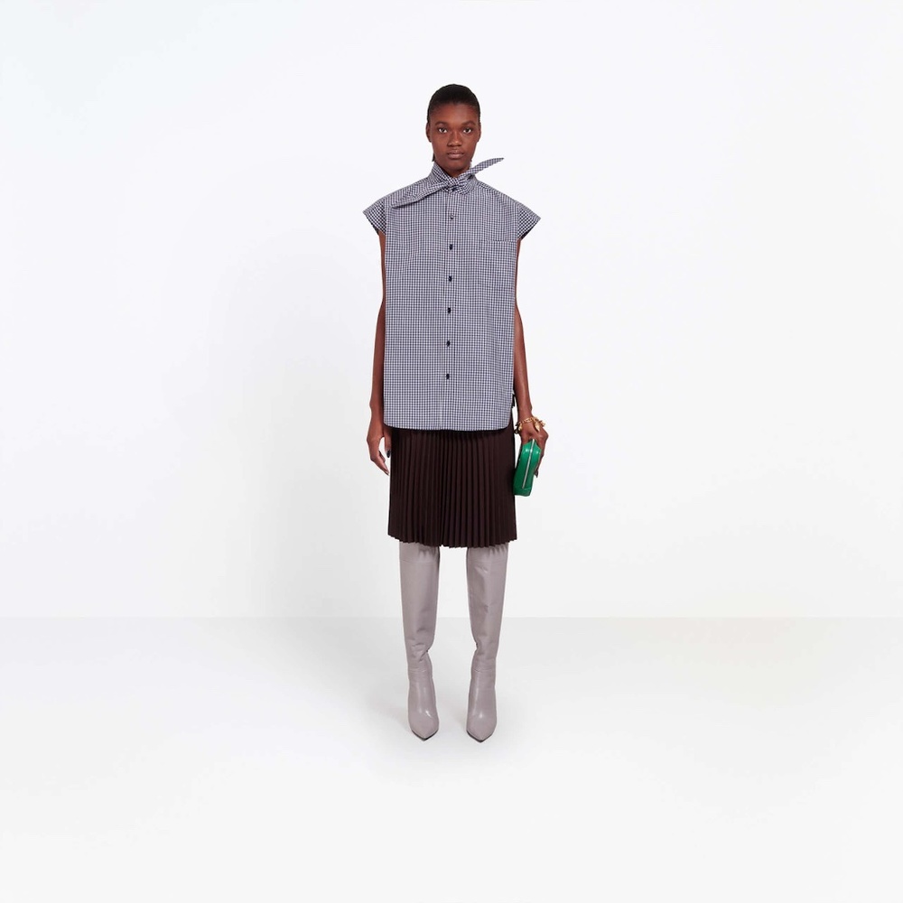 Balenciaga Oversized Plaid Taffeta Tie-Neck Top